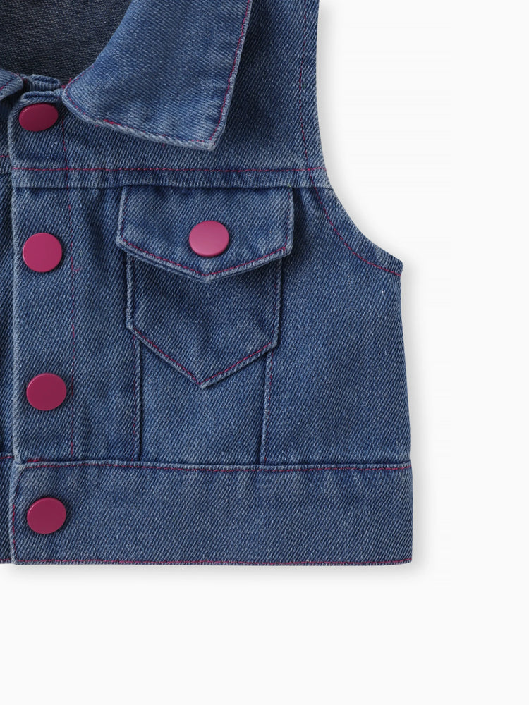 2pcs Baby Girl Solid Rib-knit Romper and Button Up Front Vest Denim Jacket Set Hot Pink