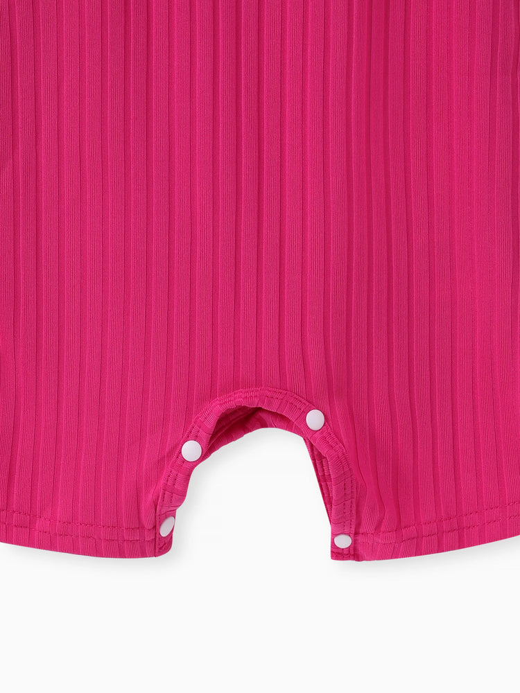 2pcs Baby Girl Solid Rib-knit Romper and Button Up Front Vest Denim Jacket Set Hot Pink