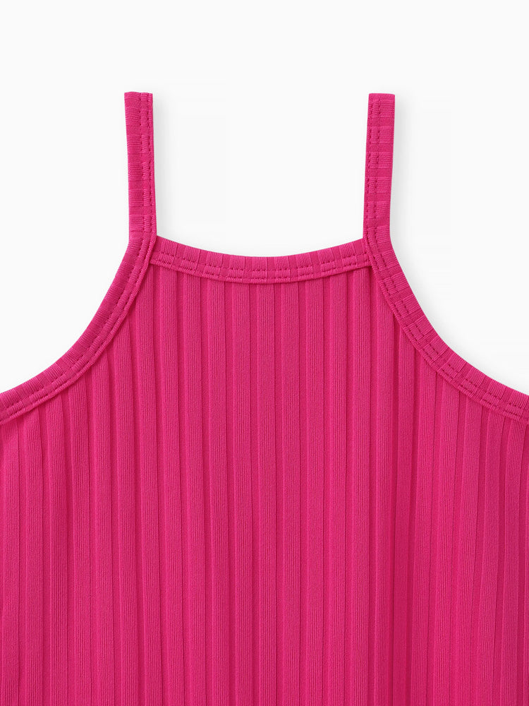 2pcs Baby Girl Solid Rib-knit Romper and Button Up Front Vest Denim Jacket Set Hot Pink