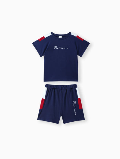 2pcs Toddler Boy Casual Colorblock Letter Print Tee & Shorts Set Dark Blue