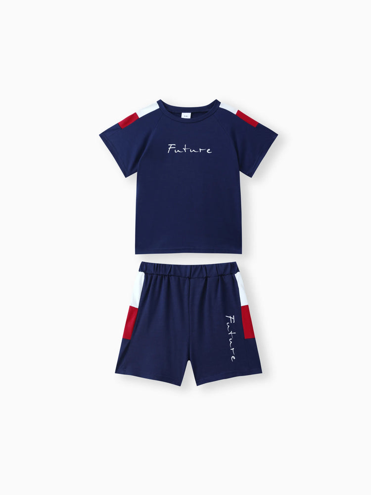 Ensemble 2 pièces t-shirt et short décontractés à imprimé lettres colorblock pour tout-petit garçon, bleu foncé