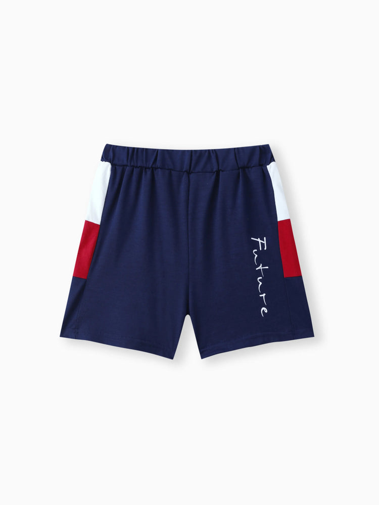 Ensemble 2 pièces t-shirt et short décontractés à imprimé lettres colorblock pour tout-petit garçon, bleu foncé