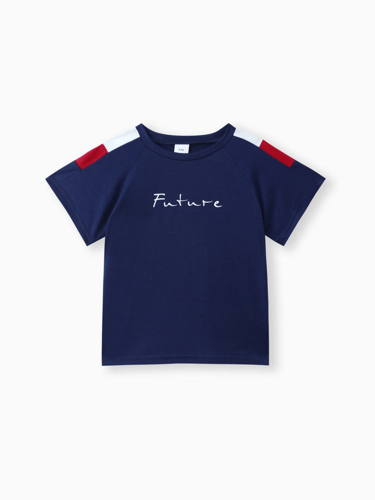 Ensemble 2 pièces t-shirt et short décontractés à imprimé lettres colorblock pour tout-petit garçon, bleu foncé