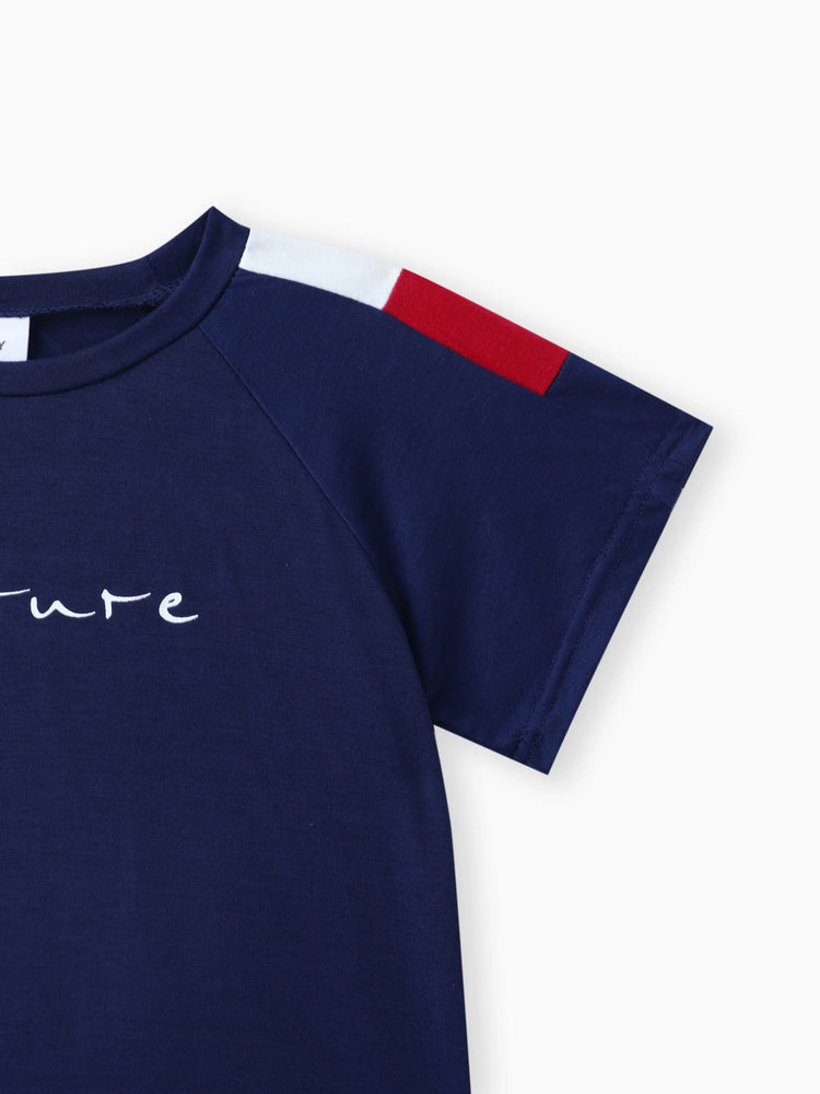 Ensemble 2 pièces t-shirt et short décontractés à imprimé lettres colorblock pour tout-petit garçon, bleu foncé