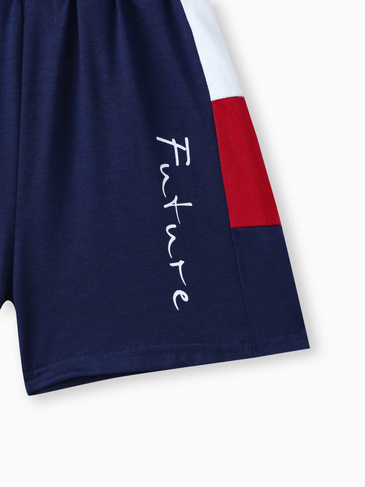 Ensemble 2 pièces t-shirt et short décontractés à imprimé lettres colorblock pour tout-petit garçon, bleu foncé