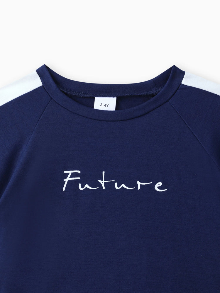 Ensemble 2 pièces t-shirt et short décontractés à imprimé lettres colorblock pour tout-petit garçon, bleu foncé