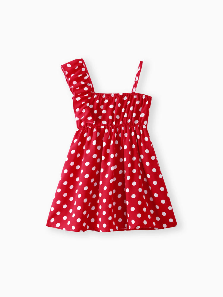 Toddler Girl Polka dots One Shoulder Ruffled Cami Dress Red