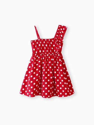 Toddler Girl Polka dots One Shoulder Ruffled Cami Dress Red