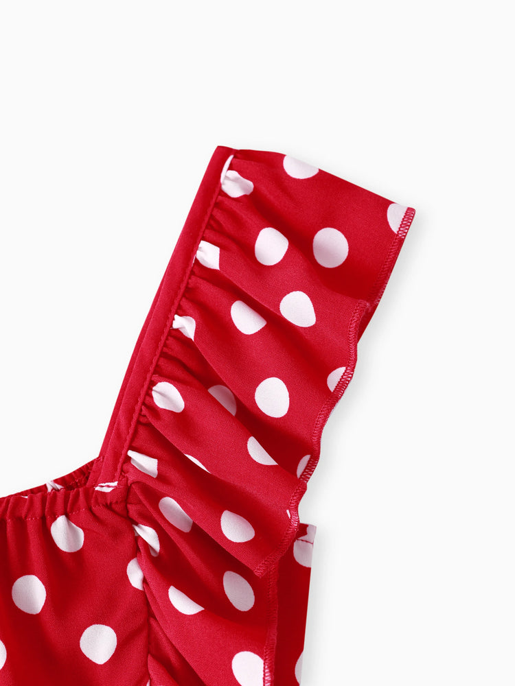 Toddler Girl Polka dots One Shoulder Ruffled Cami Dress Red