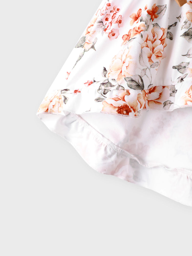 2-piece Toddler Girl Floral Print Bowknot Design Ruffled High Low Sleeveless Tee and Polka dots Pants Set White