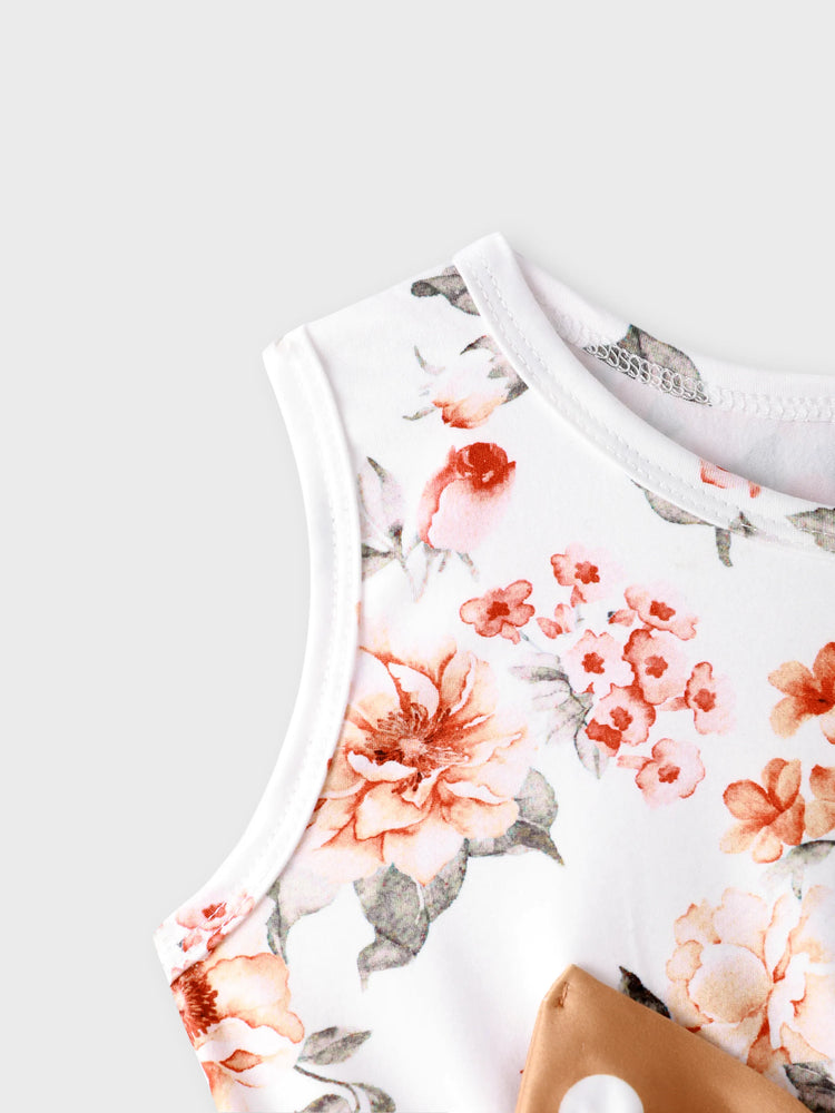 2-piece Toddler Girl Floral Print Bowknot Design Ruffled High Low Sleeveless Tee and Polka dots Pants Set White