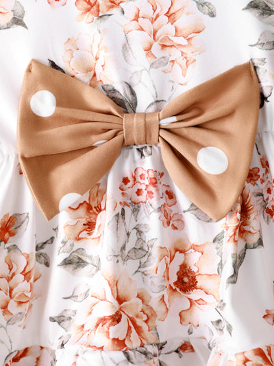 2-piece Toddler Girl Floral Print Bowknot Design Ruffled High Low Sleeveless Tee and Polka dots Pants Set White