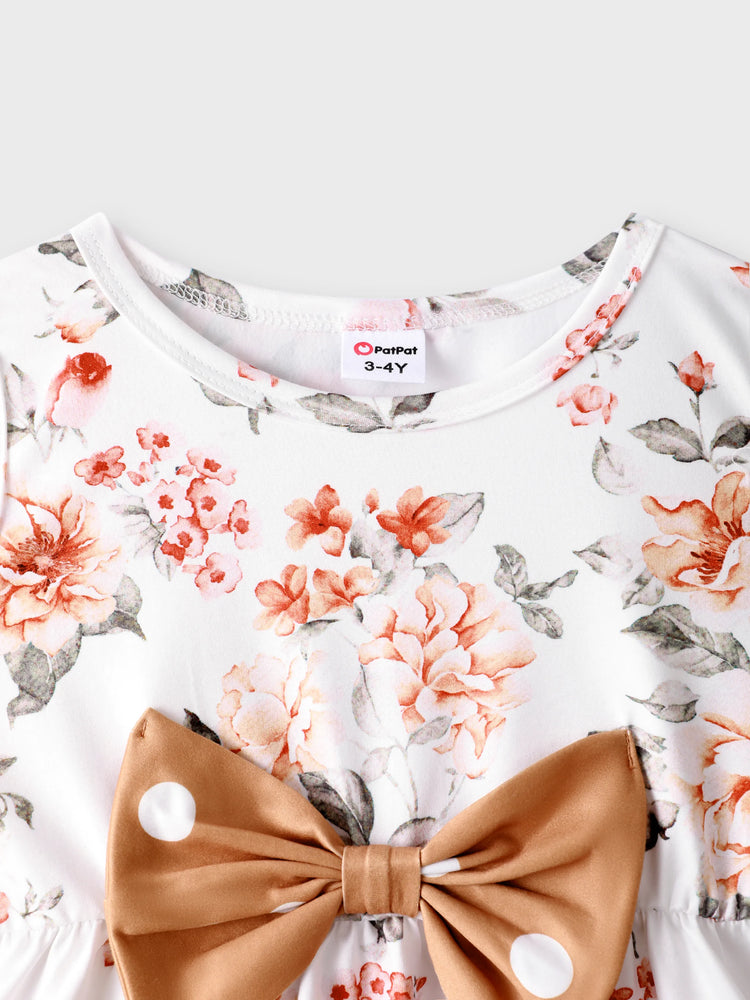 2-piece Toddler Girl Floral Print Bowknot Design Ruffled High Low Sleeveless Tee and Polka dots Pants Set White