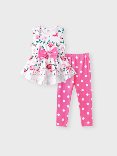 Conjunto de 2 piezas para niña pequeña con estampado floral, diseño de lazo, volantes, camiseta sin mangas de corte alto y pantalón de lunares, color rosa
