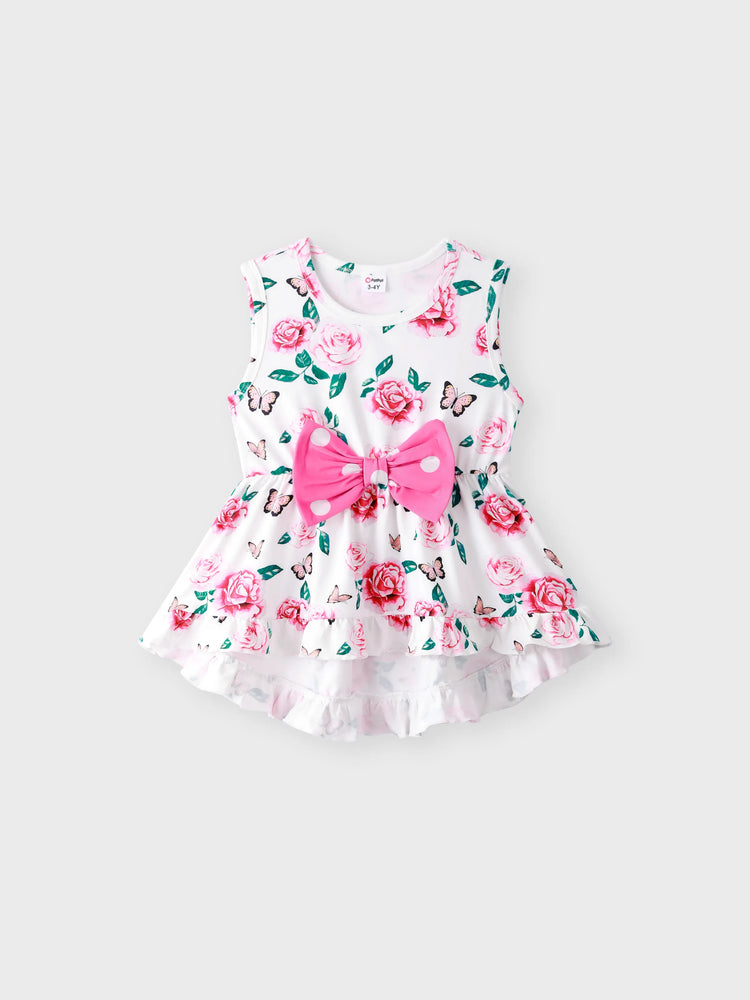 Ensemble 2 pièces pour petite fille, imprimé floral, nœud papillon, volants, haut-bas, sans manches, t-shirt et pantalon à pois, rose