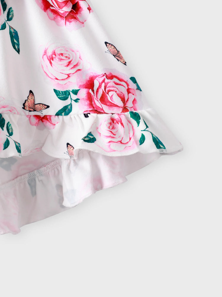 Ensemble 2 pièces pour petite fille, imprimé floral, nœud papillon, volants, haut-bas, sans manches, t-shirt et pantalon à pois, rose