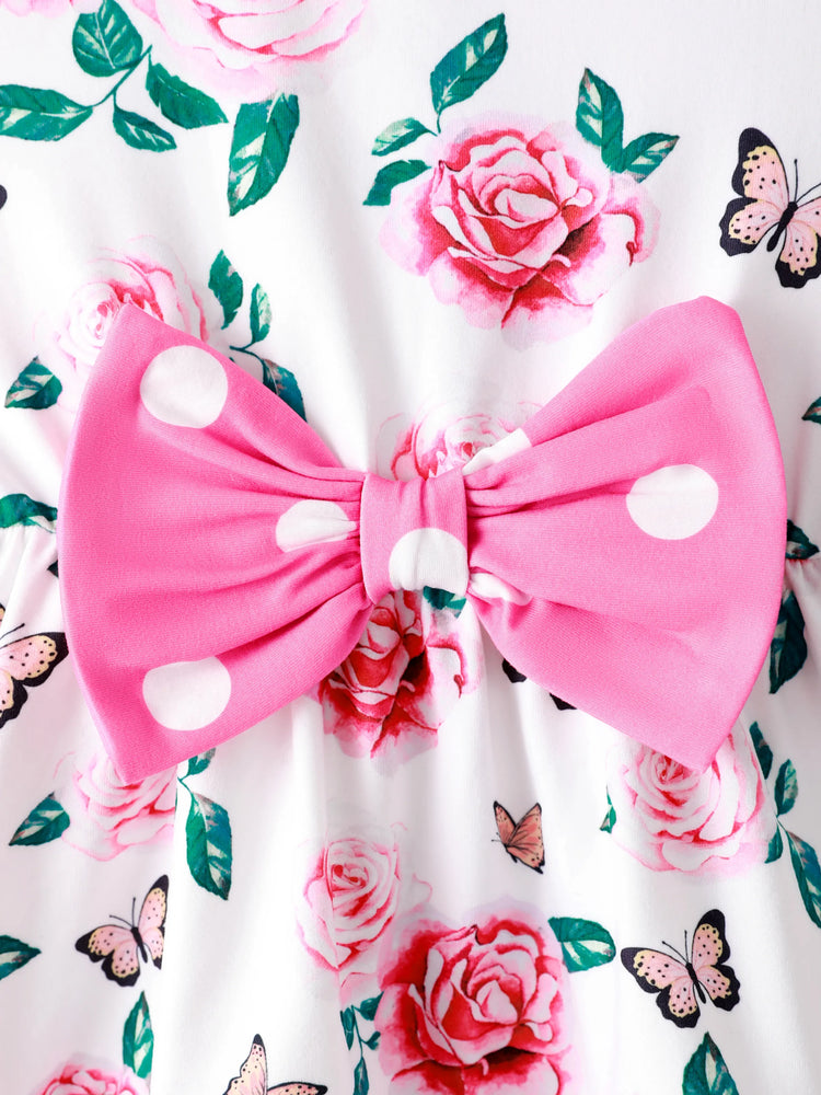 Ensemble 2 pièces pour petite fille, imprimé floral, nœud papillon, volants, haut-bas, sans manches, t-shirt et pantalon à pois, rose