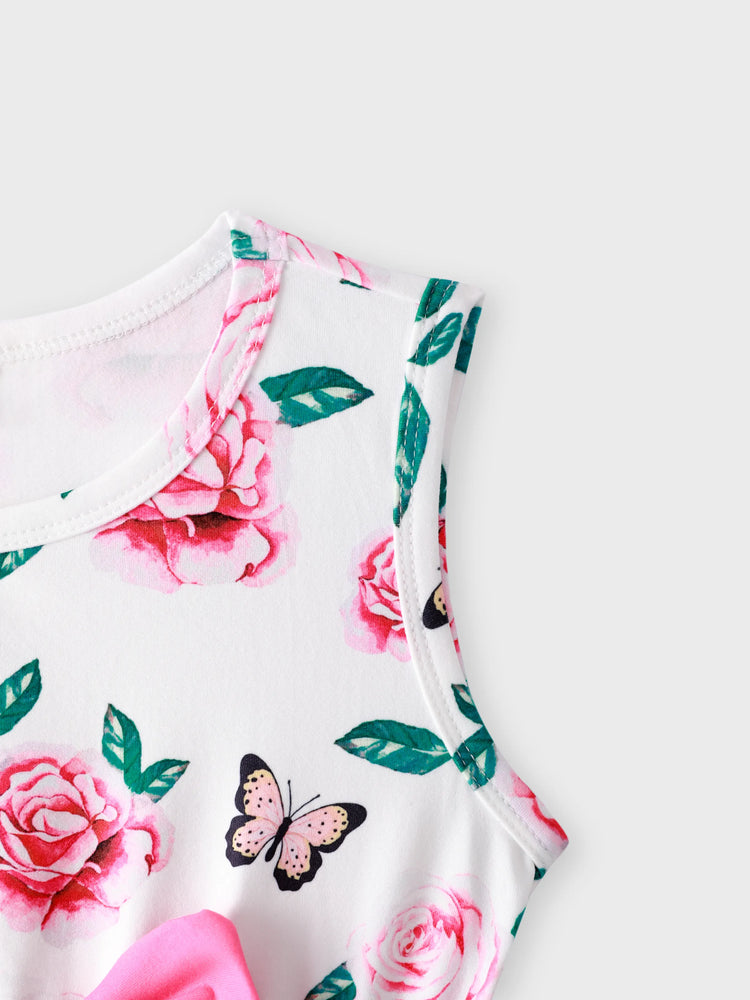 Ensemble 2 pièces pour petite fille, imprimé floral, nœud papillon, volants, haut-bas, sans manches, t-shirt et pantalon à pois, rose