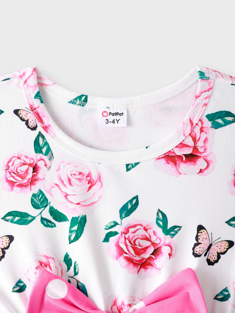 Ensemble 2 pièces pour petite fille, imprimé floral, nœud papillon, volants, haut-bas, sans manches, t-shirt et pantalon à pois, rose