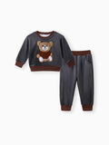 2pcs Baby Boy 95% Cotton Long-sleeve Cartoon Bear Pattern Thickened Fleece Lined Pullover and Trousers Set Grey