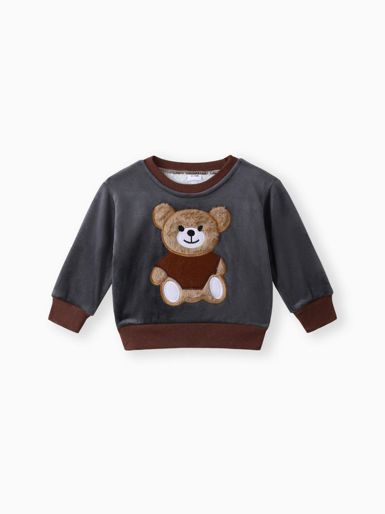 2pcs Baby Boy 95% Cotton Long-sleeve Cartoon Bear Pattern Thickened Fleece Lined Pullover and Trousers Set Grey
