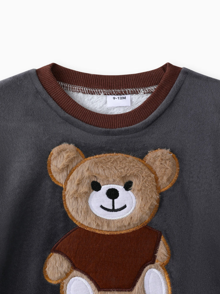 2pcs Baby Boy 95% Cotton Long-sleeve Cartoon Bear Pattern Thickened Fleece Lined Pullover and Trousers Set Grey