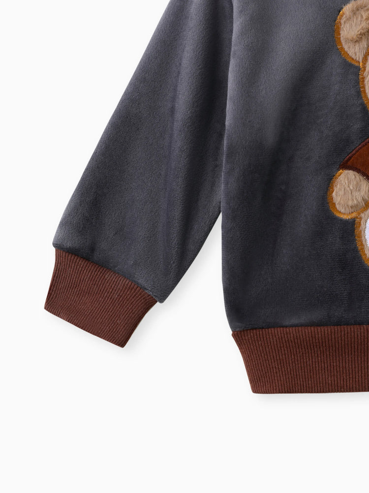 2pcs Baby Boy 95% Cotton Long-sleeve Cartoon Bear Pattern Thickened Fleece Lined Pullover and Trousers Set Grey