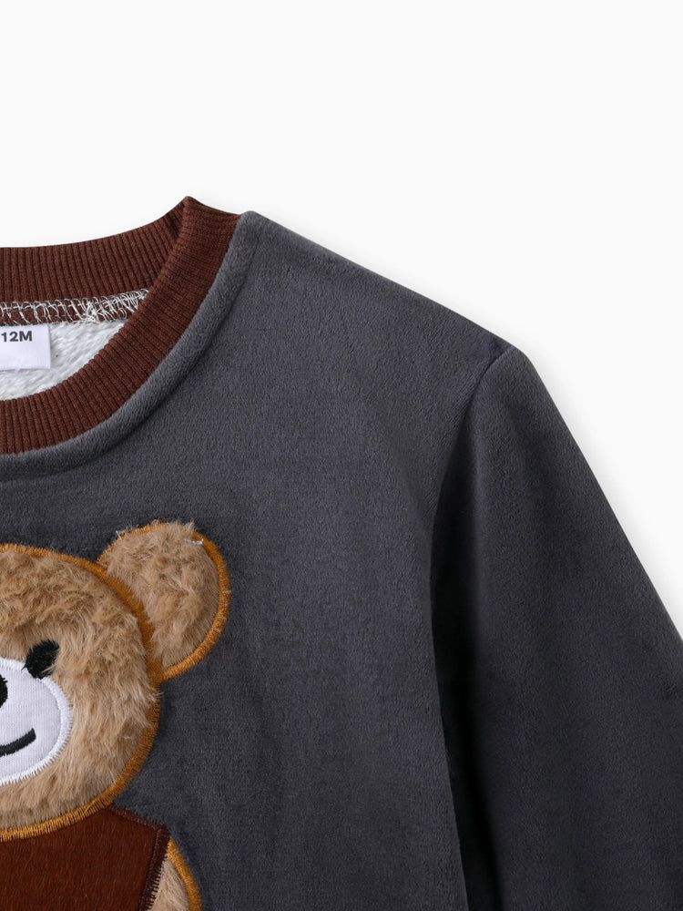 2pcs Baby Boy 95% Cotton Long-sleeve Cartoon Bear Pattern Thickened Fleece Lined Pullover and Trousers Set Grey