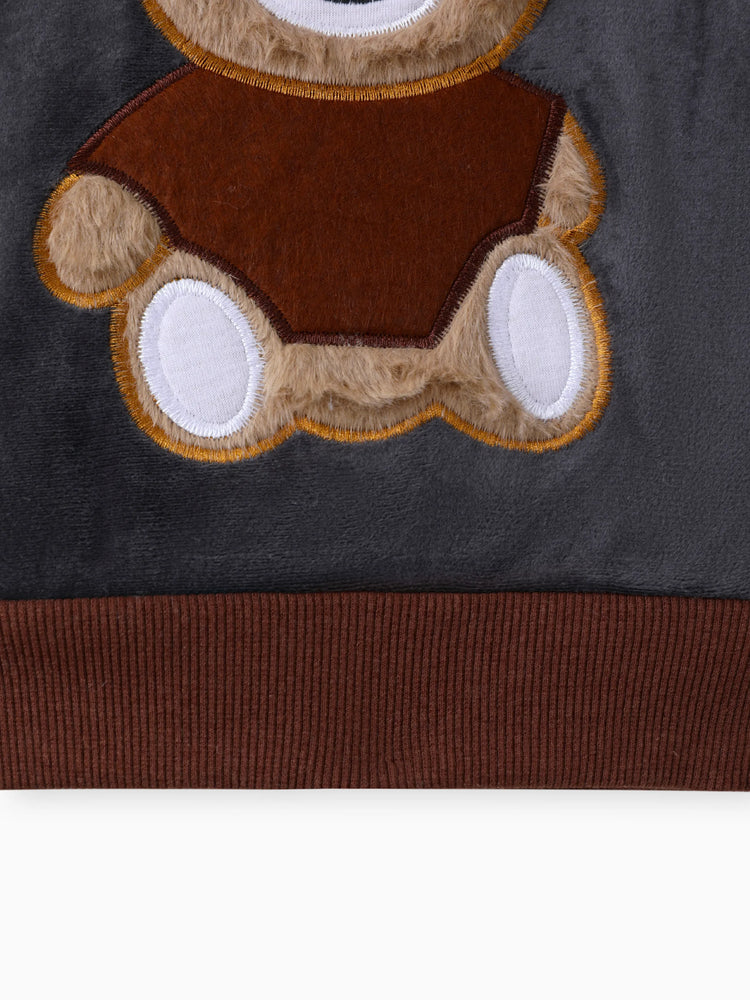 2pcs Baby Boy 95% Cotton Long-sleeve Cartoon Bear Pattern Thickened Fleece Lined Pullover and Trousers Set Grey