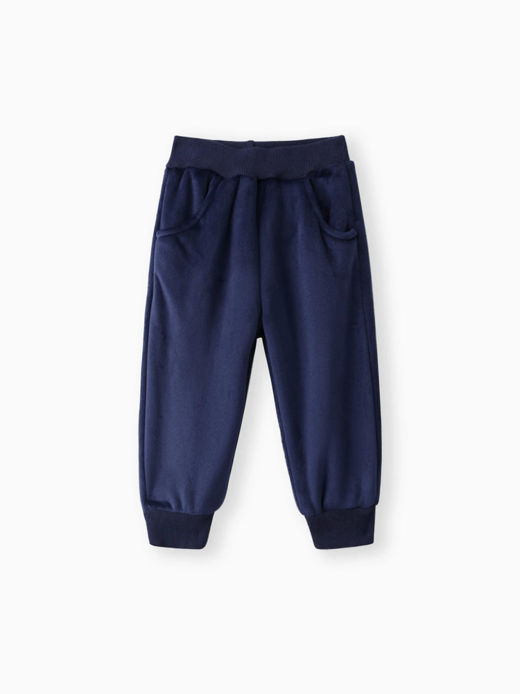 2pcs Baby Boy 95% Cotton Long-sleeve Cartoon Bear Pattern Thickened Fleece Lined Pullover and Trousers Set Dark Blue