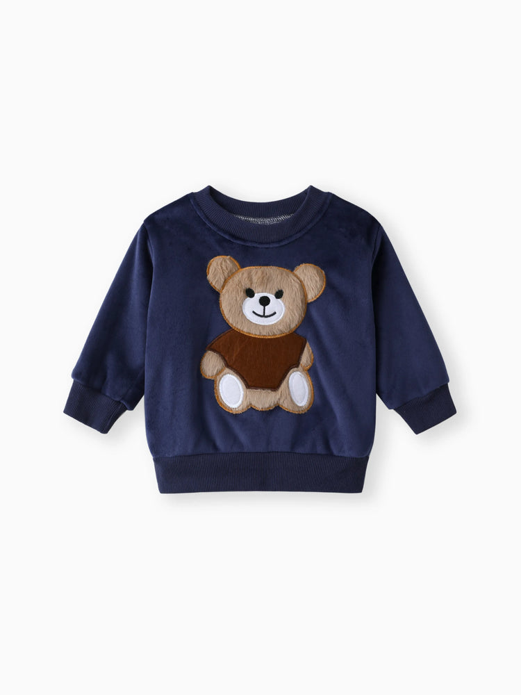 2pcs Baby Boy 95% Cotton Long-sleeve Cartoon Bear Pattern Thickened Fleece Lined Pullover and Trousers Set Dark Blue