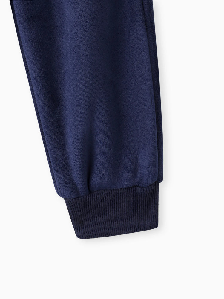 2pcs Baby Boy 95% Cotton Long-sleeve Cartoon Bear Pattern Thickened Fleece Lined Pullover and Trousers Set Dark Blue