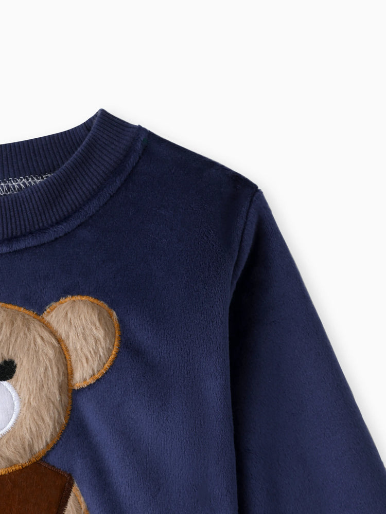 2pcs Baby Boy 95% Cotton Long-sleeve Cartoon Bear Pattern Thickened Fleece Lined Pullover and Trousers Set Dark Blue