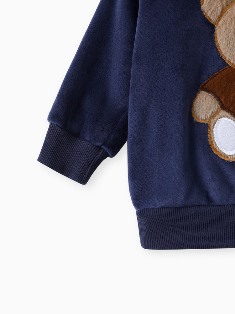 2pcs Baby Boy 95% Cotton Long-sleeve Cartoon Bear Pattern Thickened Fleece Lined Pullover and Trousers Set Dark Blue