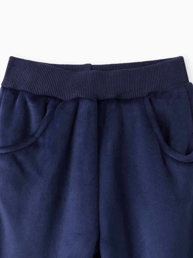 2pcs Baby Boy 95% Cotton Long-sleeve Cartoon Bear Pattern Thickened Fleece Lined Pullover and Trousers Set Dark Blue