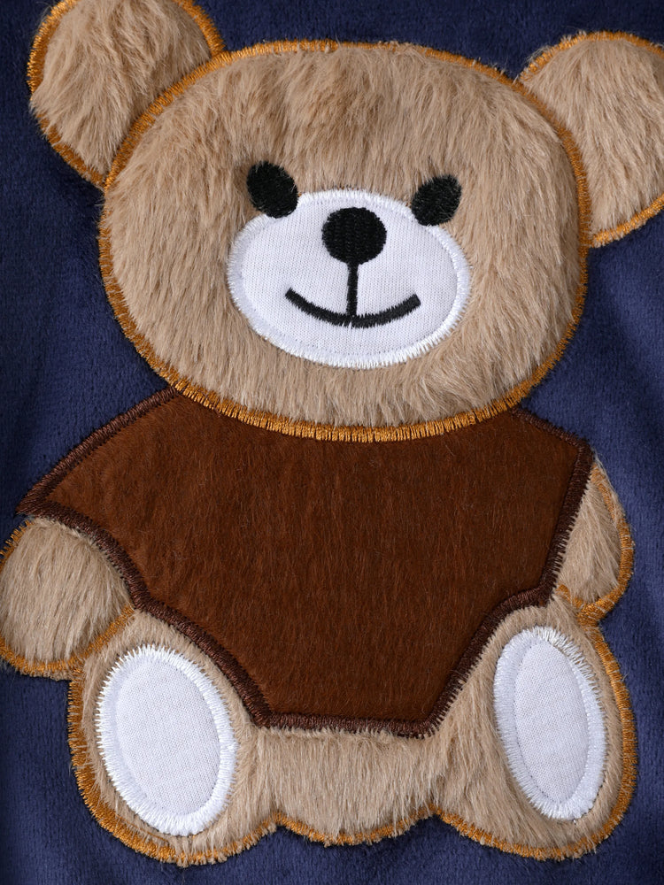 2pcs Baby Boy 95% Cotton Long-sleeve Cartoon Bear Pattern Thickened Fleece Lined Pullover and Trousers Set Dark Blue