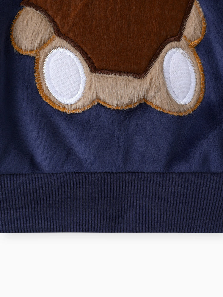 2pcs Baby Boy 95% Cotton Long-sleeve Cartoon Bear Pattern Thickened Fleece Lined Pullover and Trousers Set Dark Blue