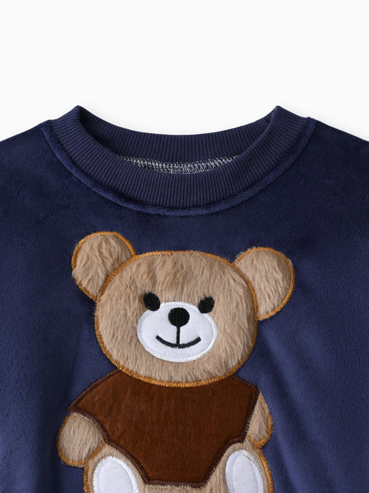 2pcs Baby Boy 95% Cotton Long-sleeve Cartoon Bear Pattern Thickened Fleece Lined Pullover and Trousers Set Dark Blue