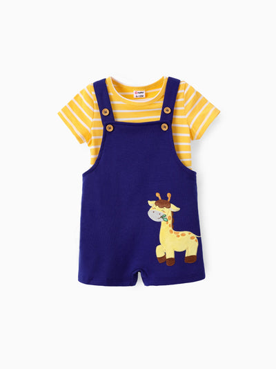 Ensemble 2 pièces pour bébé garçon : t-shirt à rayures et short imprimé lion, bleu tibétain