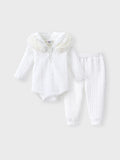 Ensemble 2 pièces bébé garçon/fille, barboteuse à capuche texturée et pantalon, blanc cassé