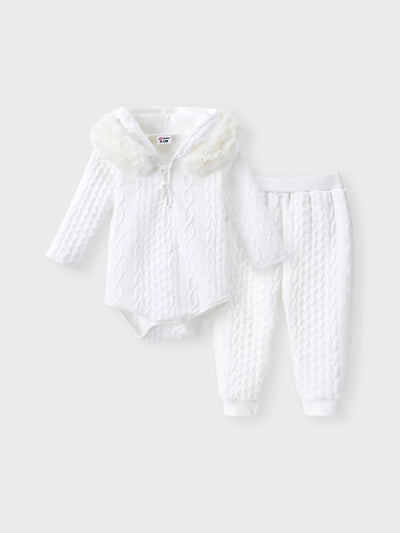 Ensemble 2 pièces bébé garçon/fille, barboteuse à capuche texturée et pantalon, blanc cassé