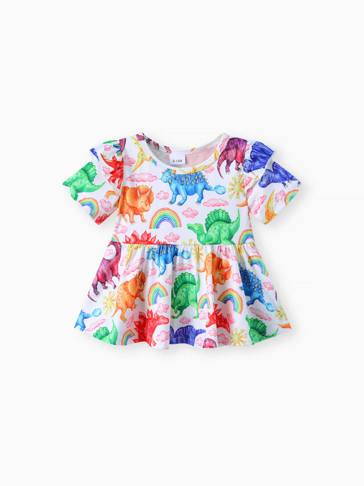 2pcs Baby Girl 95% Cotton Ripped Denim Jeans and Allover Dinosaur Print Ruffle Short-sleeve Top Set Multi-color