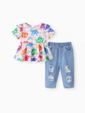 2pcs Baby Girl 95% Cotton Ripped Denim Jeans and Allover Dinosaur Print Ruffle Short-sleeve Top Set Multi-color