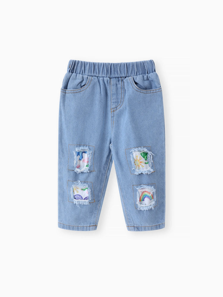 2pcs Baby Girl 95% Cotton Ripped Denim Jeans and Allover Dinosaur Print Ruffle Short-sleeve Top Set Multi-color