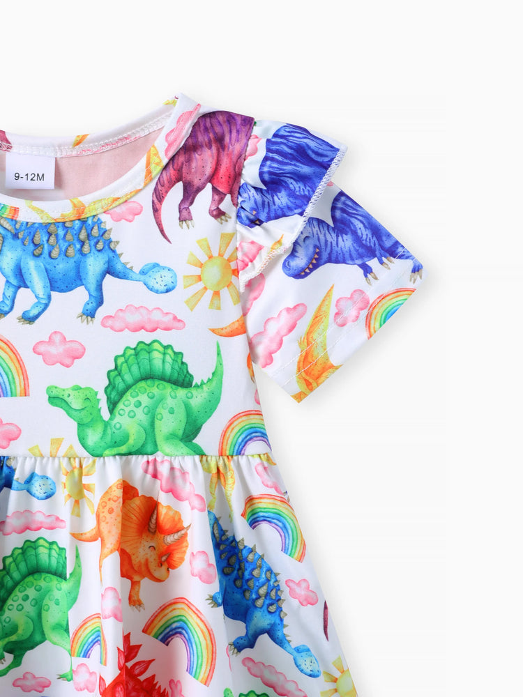 2pcs Baby Girl 95% Cotton Ripped Denim Jeans and Allover Dinosaur Print Ruffle Short-sleeve Top Set Multi-color