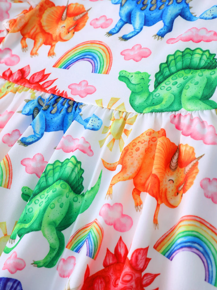 2pcs Baby Girl 95% Cotton Ripped Denim Jeans and Allover Dinosaur Print Ruffle Short-sleeve Top Set Multi-color