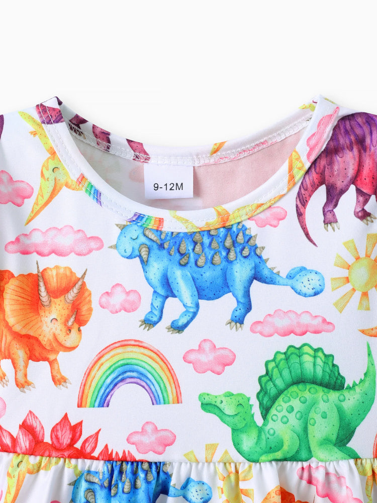 2pcs Baby Girl 95% Cotton Ripped Denim Jeans and Allover Dinosaur Print Ruffle Short-sleeve Top Set Multi-color