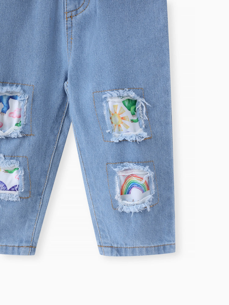 2pcs Baby Girl 95% Cotton Ripped Denim Jeans and Allover Dinosaur Print Ruffle Short-sleeve Top Set Multi-color