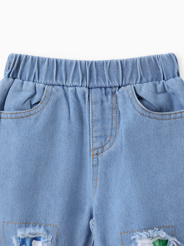 2pcs Baby Girl 95% Cotton Ripped Denim Jeans and Allover Dinosaur Print Ruffle Short-sleeve Top Set Multi-color