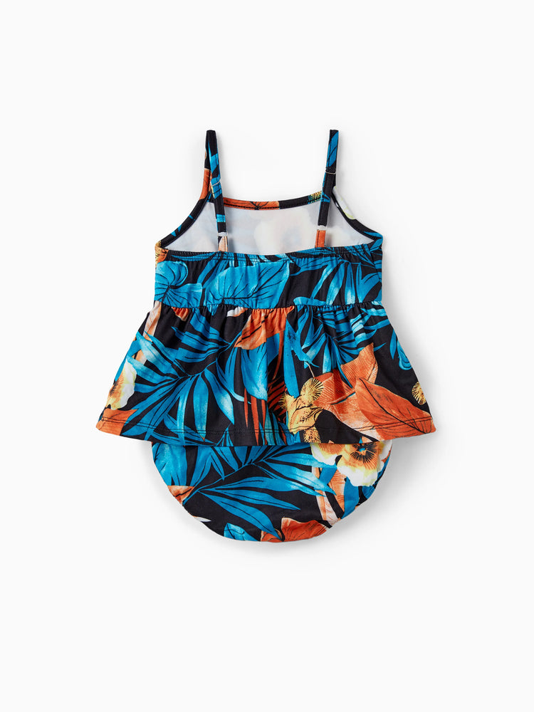 Ensembles assortis pour toute la famille : t-shirt à imprimé floral et robe à bretelles latérales avec cordon de serrage et fronces florales, noir